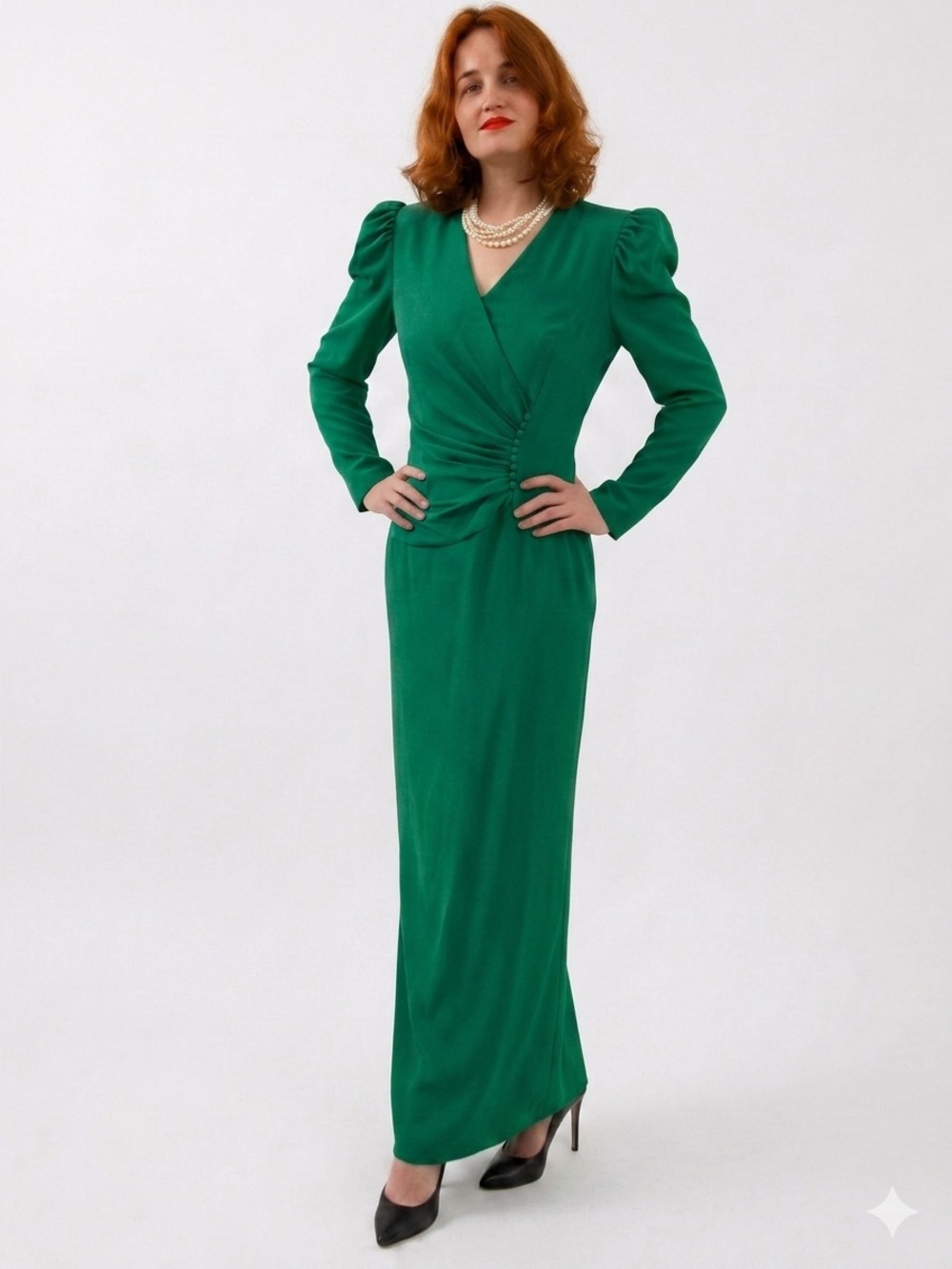 VTG Carolina Herrera Silk Ruched Gown Emerald Green Size 10 (Fits 6-8)